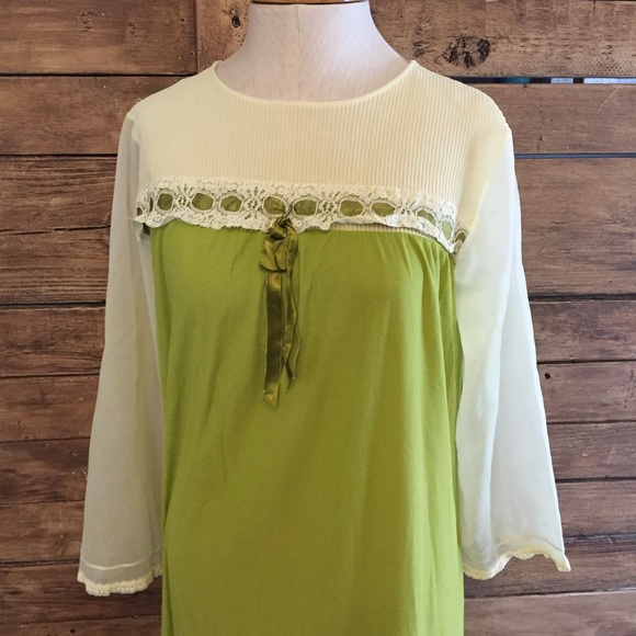 Vintage avocado green cream 3/4 sleeve midi nightgown sleepwear sleep - Picture 3 of 14